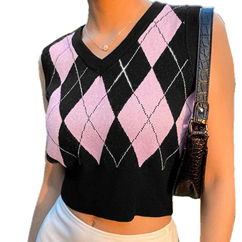 Pink Plaid V Neck Crop Sweater Vest